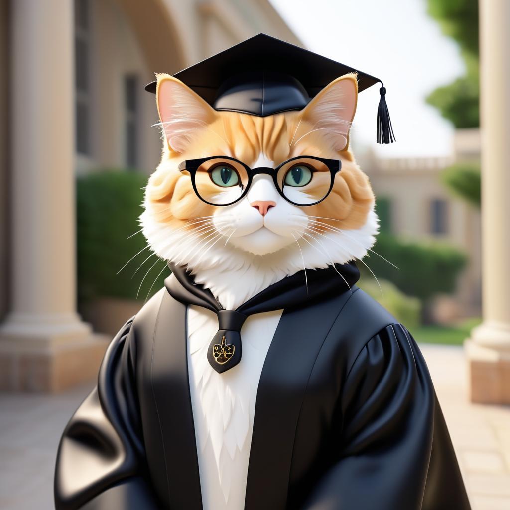 Wise Animated Cat in Academic Attire