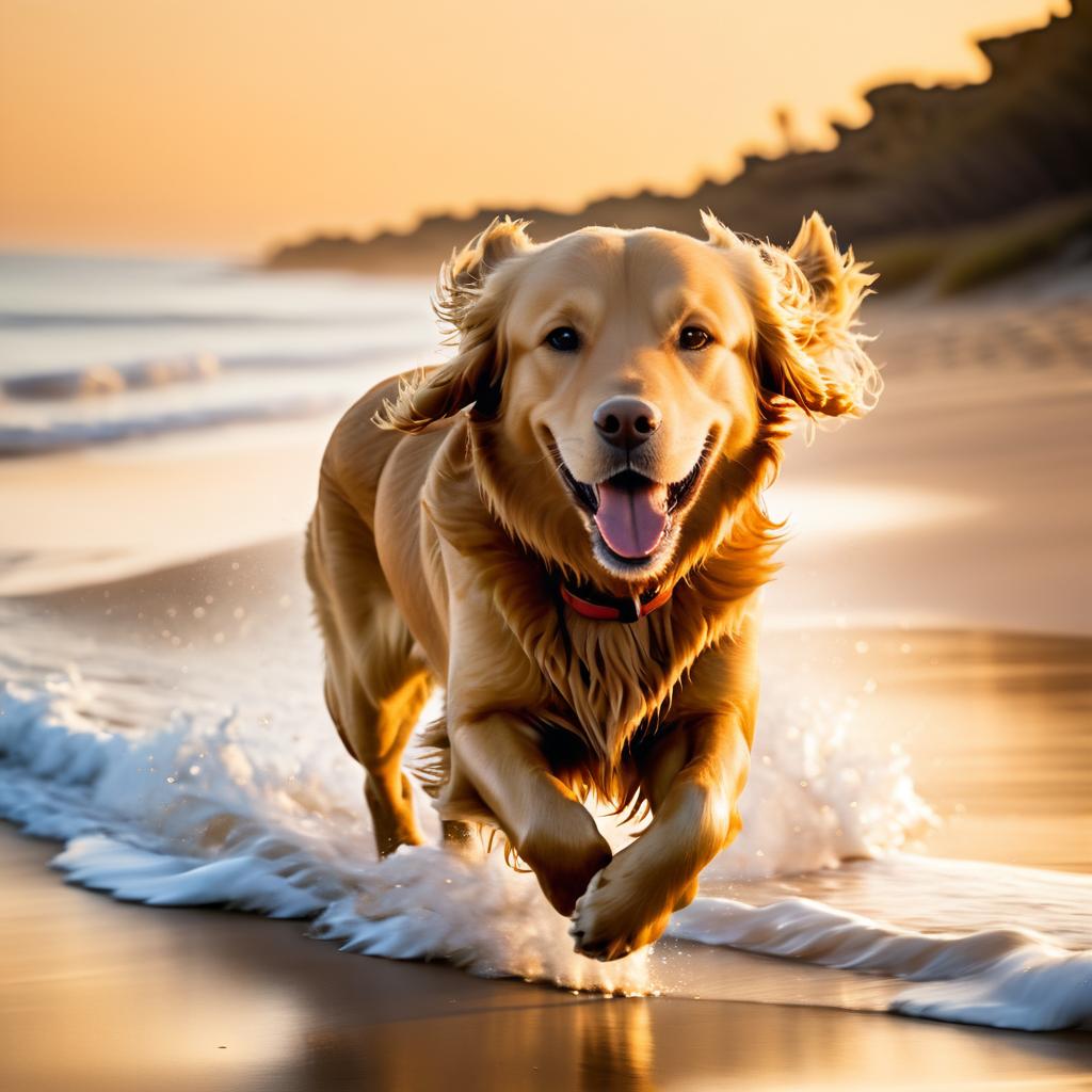 Golden Retriever on Beach at Sunset