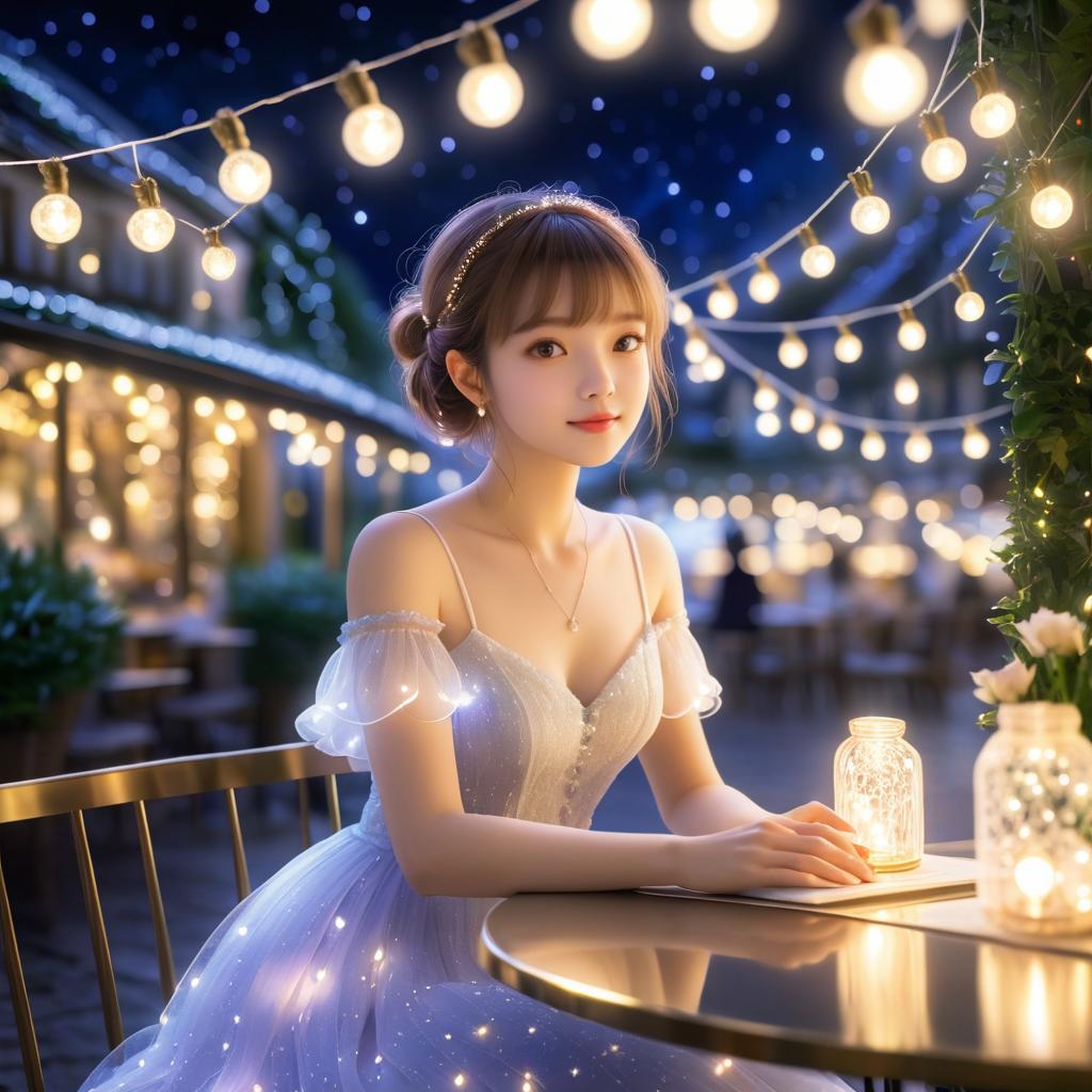 Charming Woman in Twinkling Café Lights