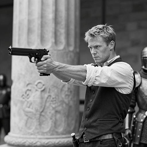 Man in Vest Aiming Gun