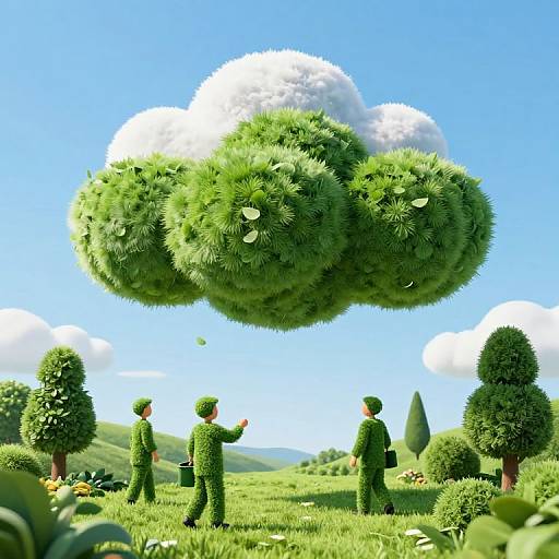 Digital artwork of four green, tree-human hybrids standing under a cloud-shaped cluster of fluffy, leafy bushes in a bright, sunny meadow.