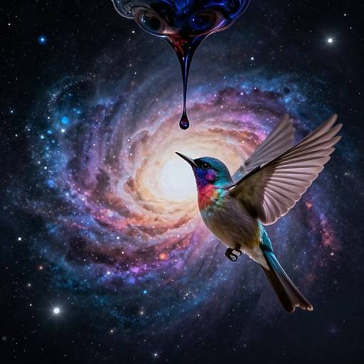 Digital artwork: Vibrant hummingbird with iridescent feathers mid-flight, against a galaxy backdrop with a dripping water droplet above. Cosmic, colorful