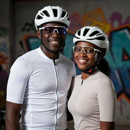 Photograph of smiling Black couple wearing white helmets and matching white cycling gear, standing in front of colorful graffiti wall.