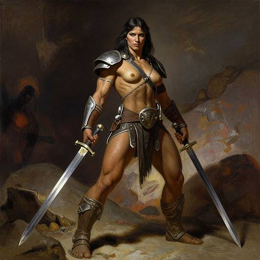 Muscular warrior with long black hair, wearing silver armor and loincloth, holding two swords, standing confidently against a dark, rocky background. Phot