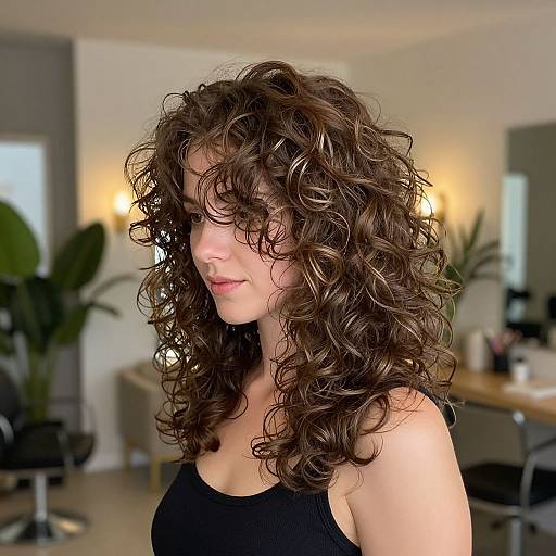Photograph of a fair-skinned woman with voluminous, curly brown hair, wearing a black tank top, in a modern, softly lit office.