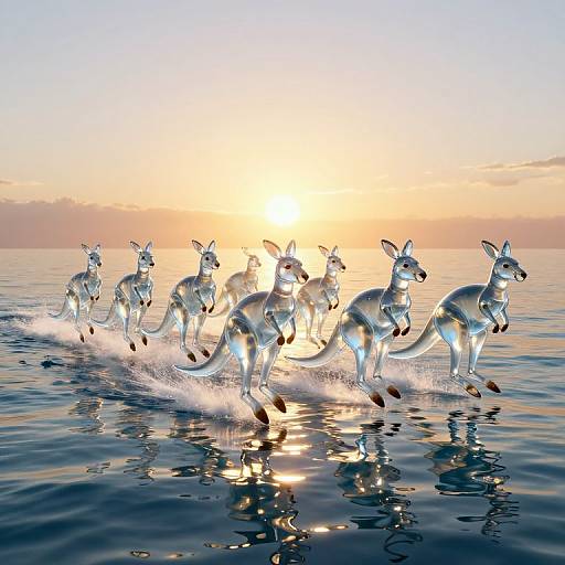 Digital illustration of seven shiny, metallic kangaroos racing across a reflective, calm ocean at sunset, creating splashes and reflections.