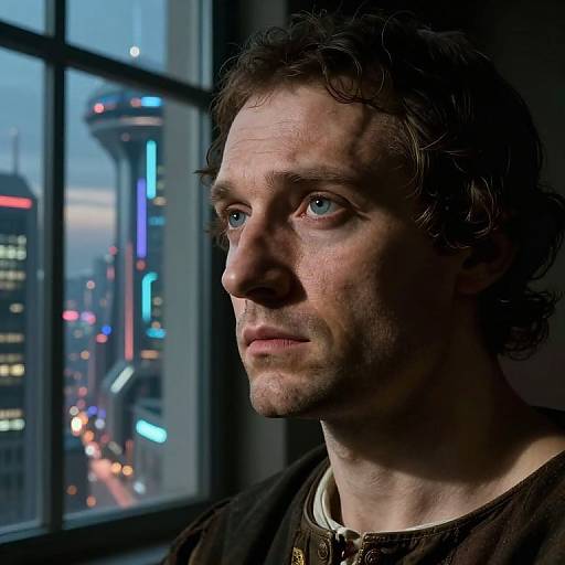 Photograph of a pensive man with curly brown hair, blue eyes, and light stubble, gazing out a window at a neon-lit