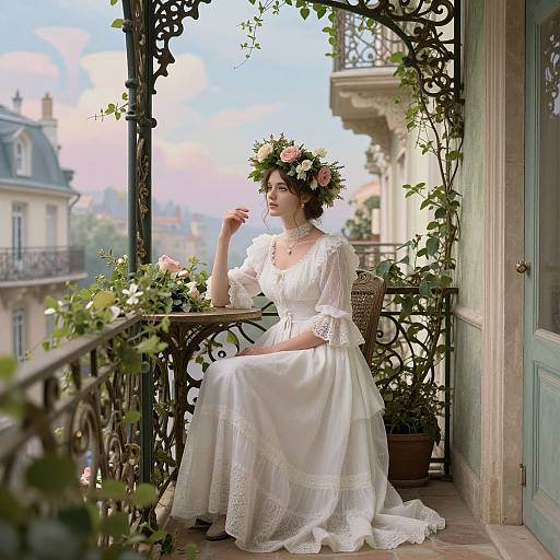 Photograph of a fair-skinned woman with floral crown, white lace dress, sitting on balcony, overlooking Parisian buildings, surrounded by greenery.
