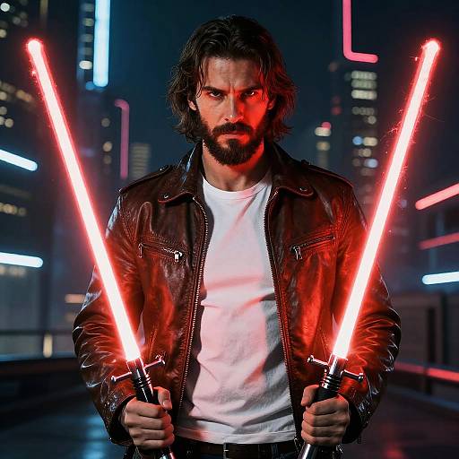 Photograph of a muscular, bearded man with wavy brown hair, holding two glowing red lightsabers, wearing a black leather jacket over a