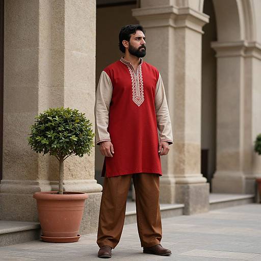 Photograph of a bearded man with dark hair, wearing a red kurta, beige sleeves, brown pants, standing by a potted plant,
