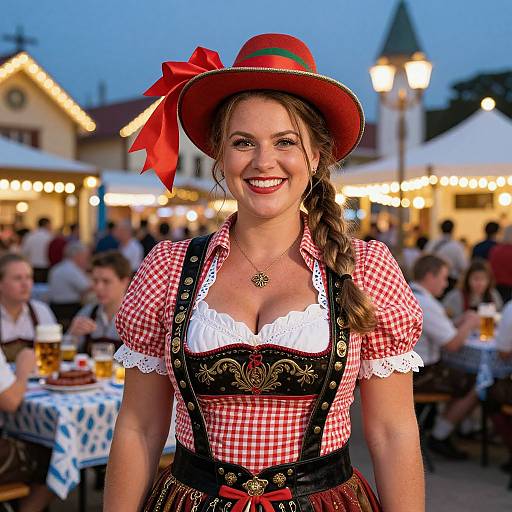 Photograph of a smiling woman with fair skin, brown hair in a braid, wearing a red checkered dirndl, black corset with gold