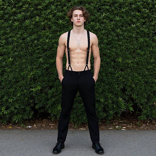 Photograph of a young, shirtless man with wavy brown hair, wearing black suspenders, pants, and shoes, standing in front of a