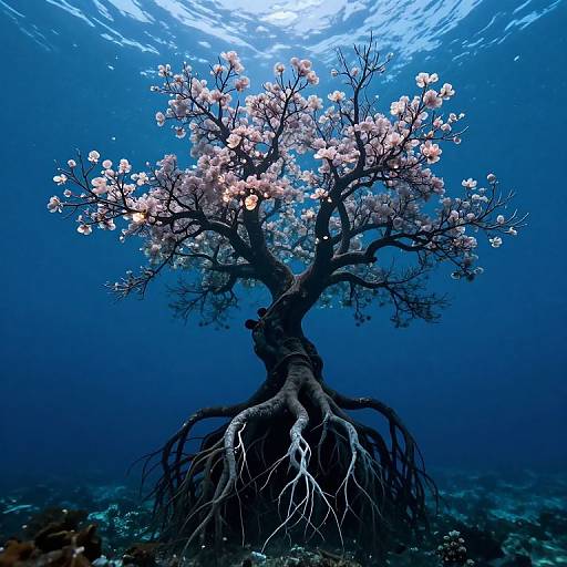 Underwater photograph of a tree with pink blossoms, visible roots, and a blue underwater background with sunlight filtering through.