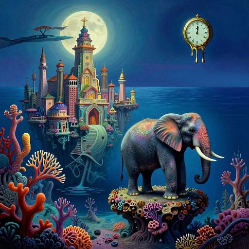 Digital art: Vibrant, surreal scene with a moonlit, colorful castle, floating clock, and a decorated elephant on a coral reef platform.