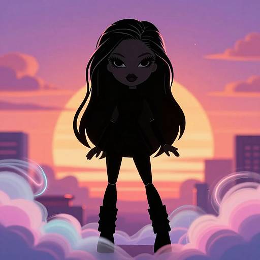 Silhouetted cartoon girl with long hair and boots stands on clouds against a vibrant purple and pink sunset with city buildings.