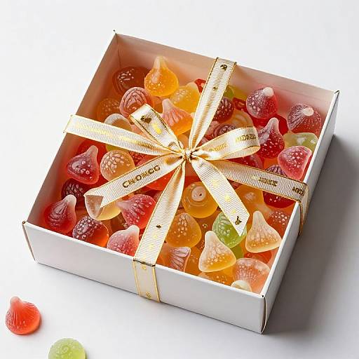 Photograph of a white box filled with colorful, heart-shaped fruit gummies, tied with a gold ribbon, on a white surface.