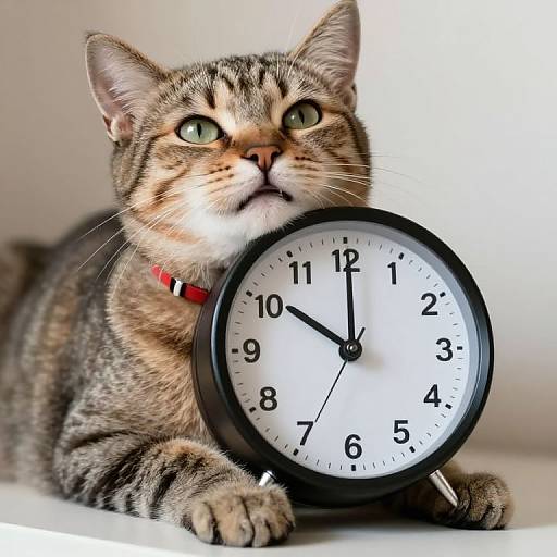 Photograph of a brown tabby cat with green eyes lying in front of a black analog clock showing 10:10, wearing a red collar.
