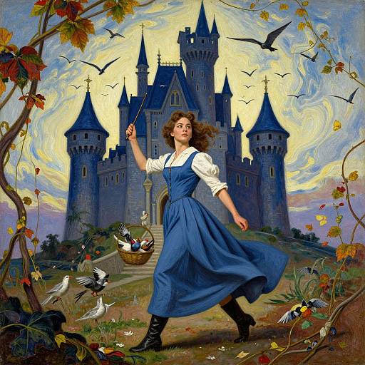 Digital painting of a curly-haired woman in a blue dress and white blouse, holding a wand, walking toward a dark castle with birds and a basket of