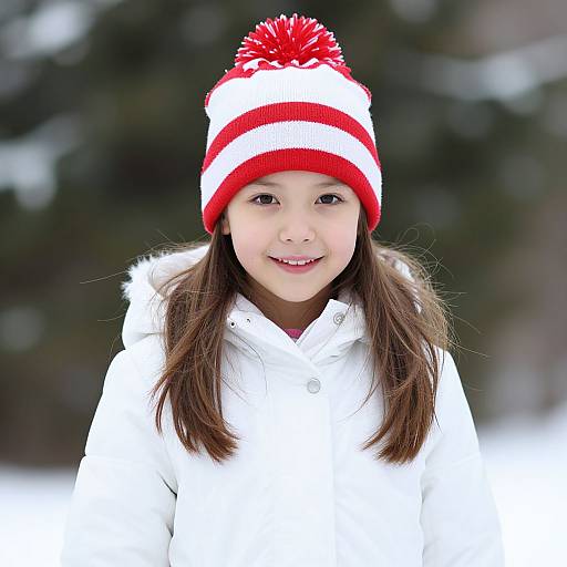 Photograph of a smiling young Asian girl with long brown hair, wearing a red and white striped winter hat, and a white puffy jacket, standing