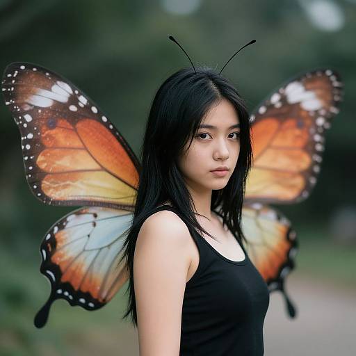 Photograph of an Asian woman with long black hair wearing a black tank top, featuring large, vibrant orange and black butterfly wings against a blurred green forest