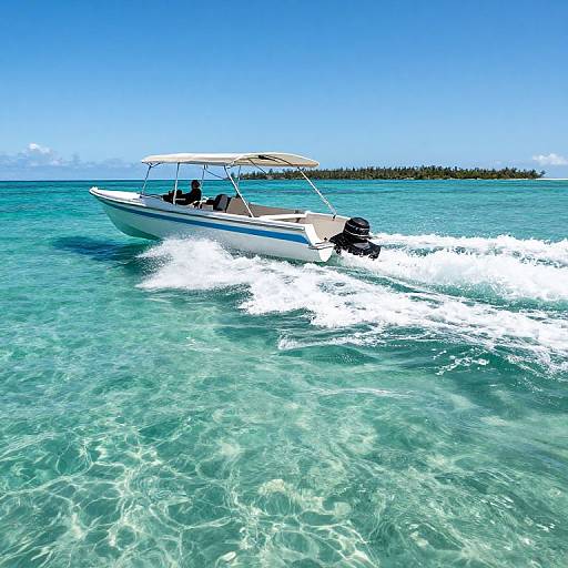 Photograph of a white motorboat with blue trim, speeding through clear turquoise waters, creating white waves, under a bright blue sky.