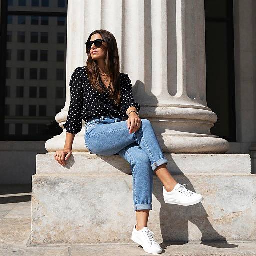 Photograph of a stylish woman with long brown hair, black polka dot blouse, blue cuffed jeans, white sneakers, and sunglasses, sitting on