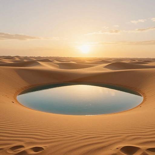 Photograph of a serene desert oasis at sunset, featuring a circular blue waterhole surrounded by undulating, rippled orange sand dunes reflecting the glowing