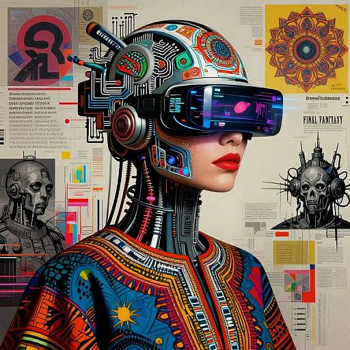 Digital artwork of a cyberpunk woman with a colorful, tech-enhanced helmet and visor, wearing a vibrant, patterned robe, surrounded by abstract