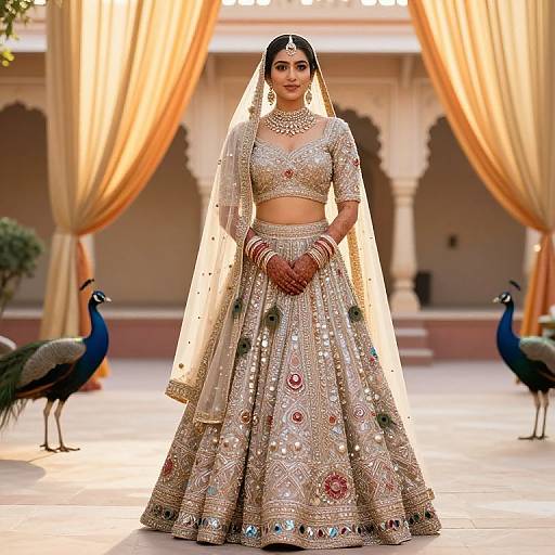 Photograph of a South Asian bride in an ornate, silver and gold traditional lehenga with peacock embroidery, standing in a courtyard with peac