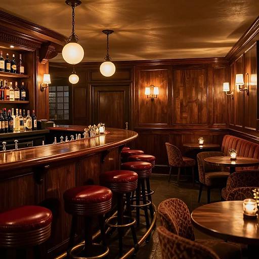 Photograph of a dimly lit, classic wooden bar with red leather stools, patterned chairs, round tables, warm pendant lights, and a well