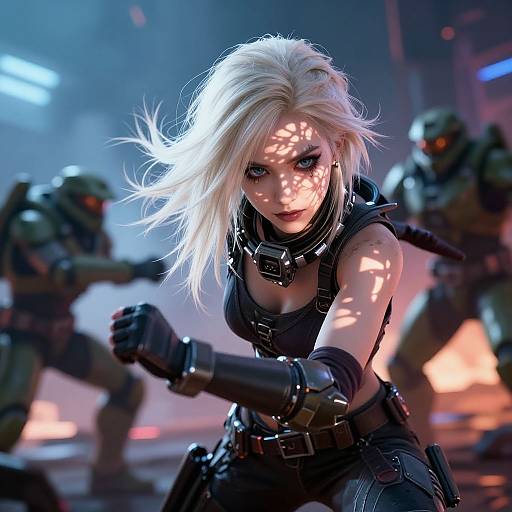 CGI image of a fierce, blonde-haired, blue-eyed woman in a black, tactical outfit, surrounded by armed soldiers in a neon-lit,