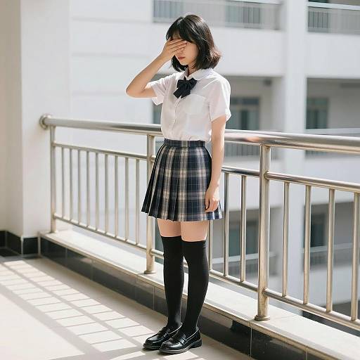 Sunlit Corridor: Stylish Asian Woman