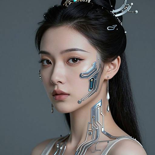 Photorealistic digital portrait of an East Asian woman with black hair, cybernetic face markings, and metallic accessories against a gray background.