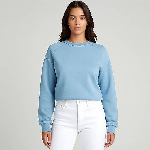 Photograph of a young woman with long black hair, wearing a light blue sweater and white high-waisted pants, standing against a plain white background