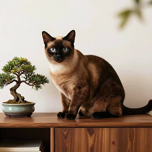 Photorealistic Burmese Cat on Walnut Credenza