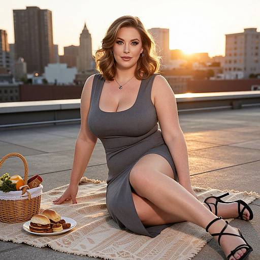 Chic Woman Rooftop Picnic Sunset