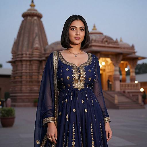 Photograph of a South Asian woman with straight black hair, wearing a navy blue, gold-embellished traditional outfit, standing in front of a