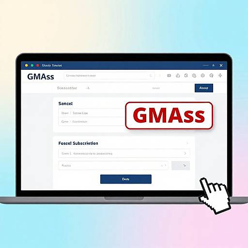 Photograph of a laptop screen showing the GMass website, with a white hand cursor clicking on the 