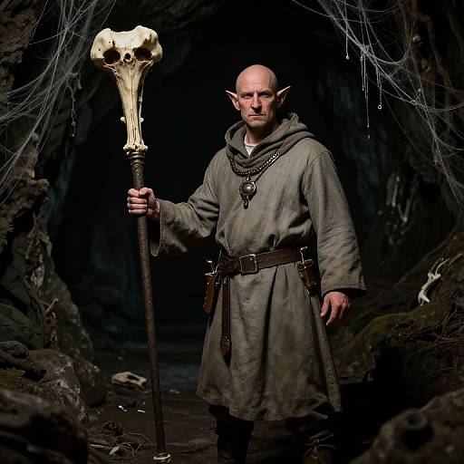 Dieselpunk Halfling Priest in Dark Cave