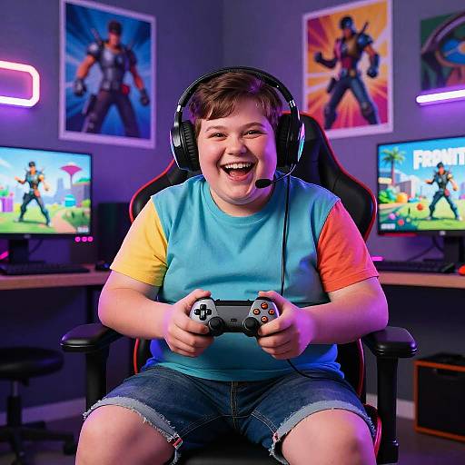 Photograph of a chubby, smiling boy with short brown hair, wearing a blue-yellow-orange shirt, denim shorts, and headphones, playing video games in
