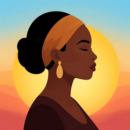 Digital illustration of a dark-skinned African woman with closed eyes, yellow headscarf, and gold teardrop earrings, against a gradient sunset background