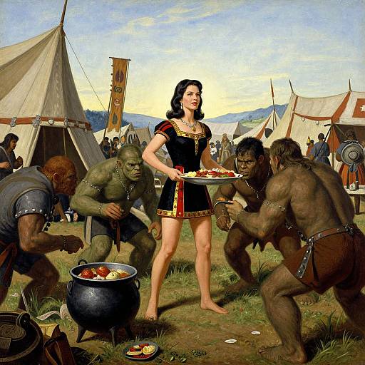Digital painting: Black-haired woman in ancient Greek dress offers food to muscular, green-skinned orcs in a tented campsite under a blue sky