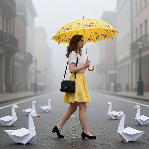 Photograph of a woman in a white shirt and yellow skirt, holding a yellow floral umbrella, walking on a foggy street with paper ducks.