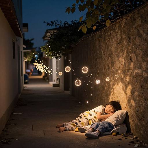 Photograph of a young Asian boy sleeping against a brick wall at night, illuminated by glowing dandelion-shaped lights, in a narrow alley with twink