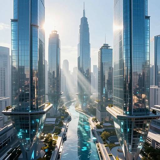 Photorealistic CGI of a modern urban skyline at sunrise, featuring tall, reflective skyscrapers with sunlight streaming through, illuminating a busy street below