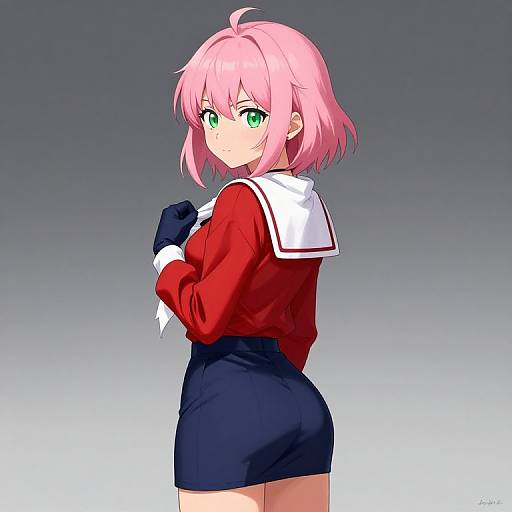 Digital anime illustration of a pink-haired girl with green eyes, wearing a red sailor top, black skirt, and gloves, looking back over her shoulder.