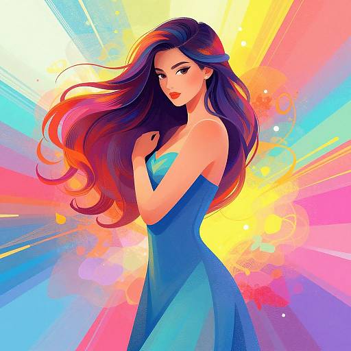 Digital illustration of a beautiful woman with long, flowing purple hair, wearing a blue strapless dress, against a vibrant, colorful abstract background.