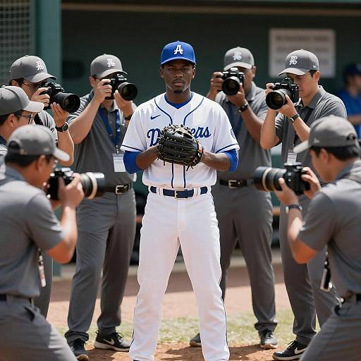 Focused Baseball Player Surrounded by Photographers