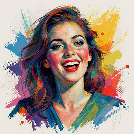 Vibrant digital portrait of smiling woman with wavy brown hair, red lips, and colorful abstract background in bold hues.