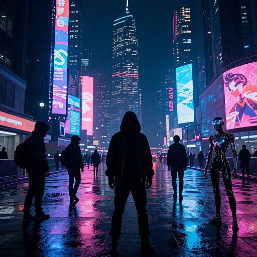 Photograph of a neon-lit, rainy city street at night, featuring silhouetted pedestrians walking past colorful, glowing billboards and skyscrap